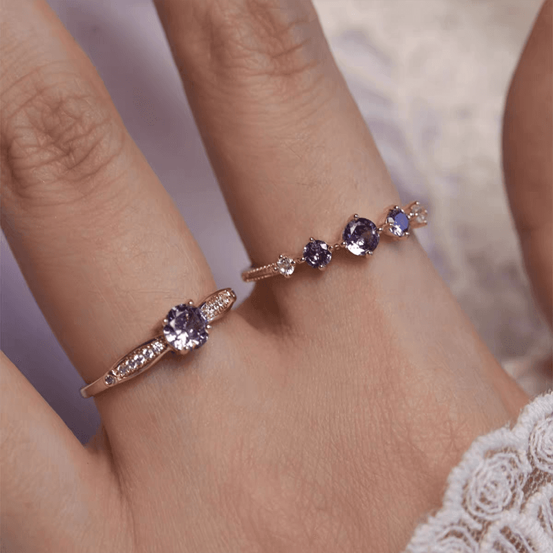 French Retro Purple Open Ring – Sparkling Vintage-Inspired Statement Ring for Women
