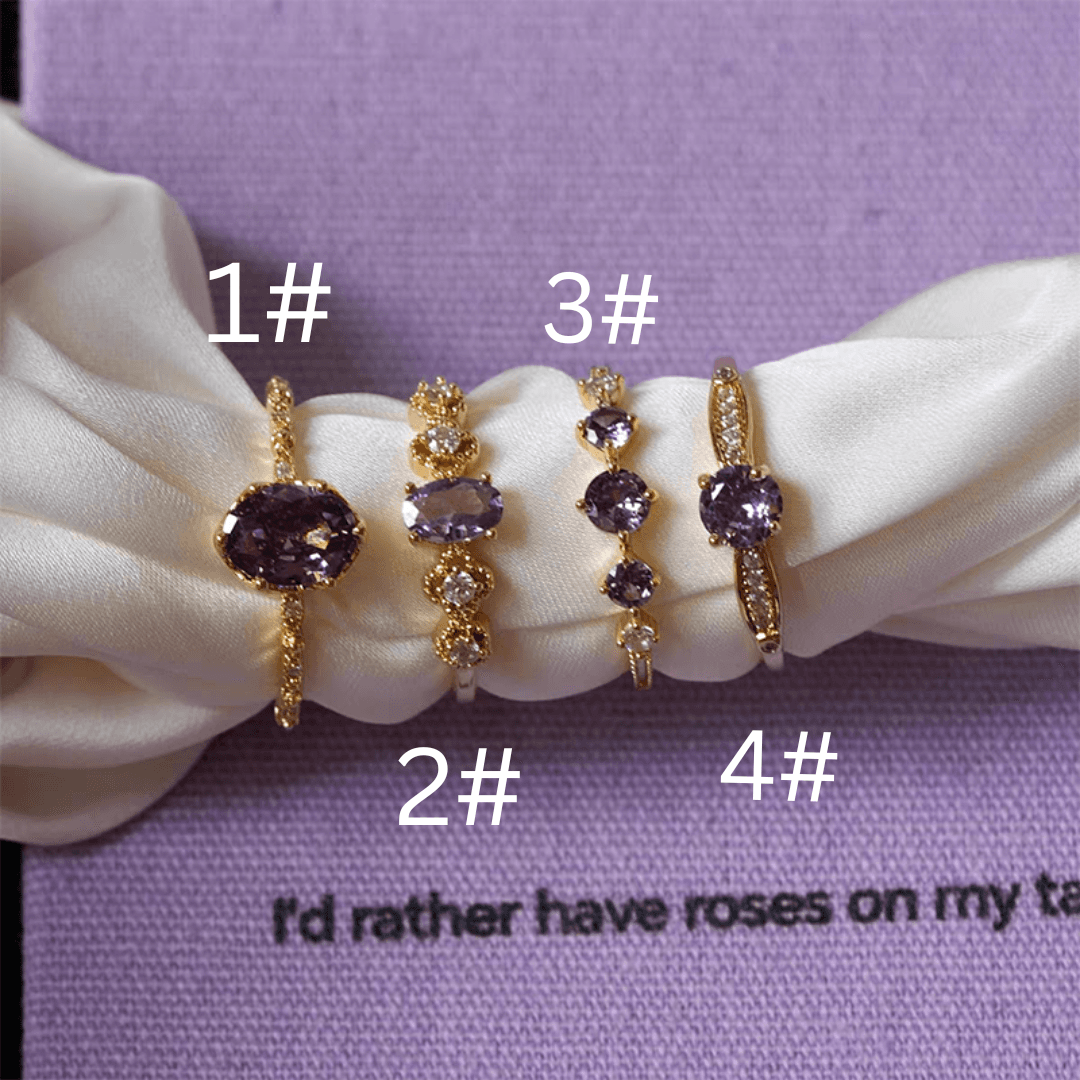 French Retro Purple Open Ring – Sparkling Vintage-Inspired Statement Ring for Women