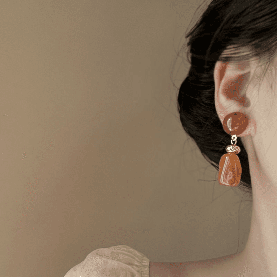 French Vintage Acrylic Long Earrings – Cream Almond and Sunset Orange Elegant Statement Studs