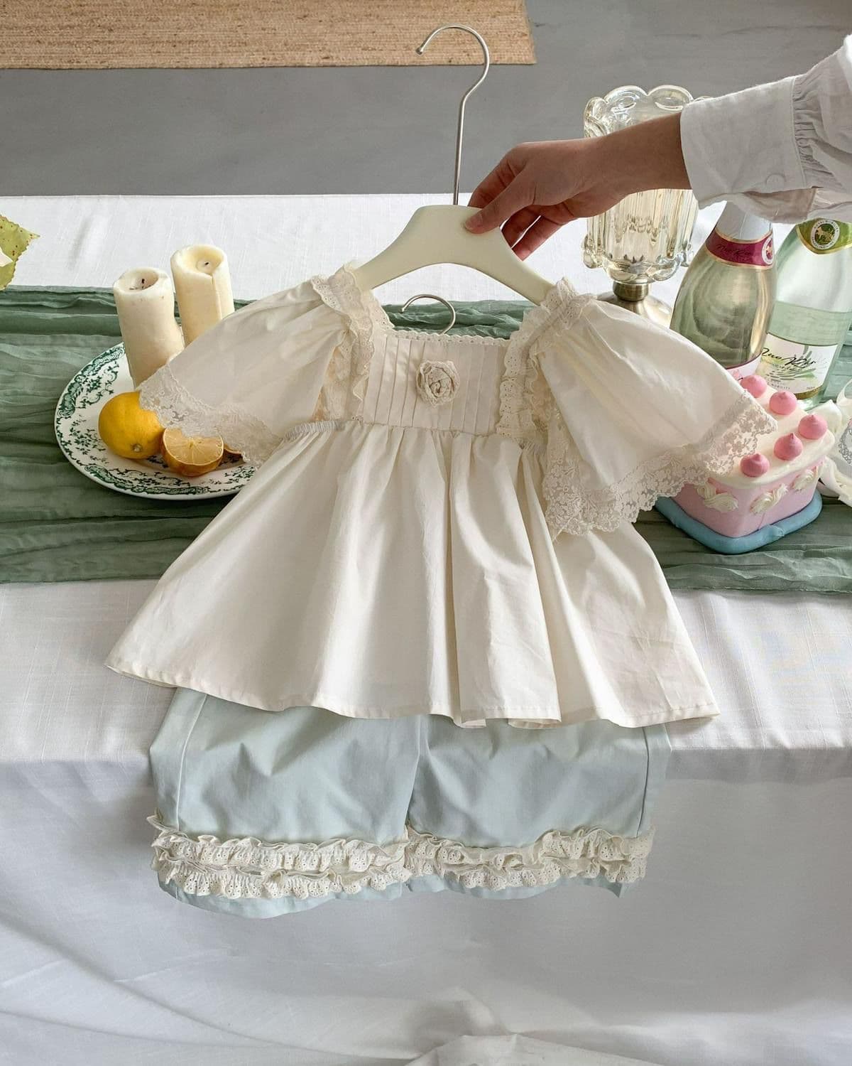 Girls Korean Style Doll Collar Floral Summer Set