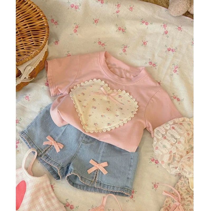 Girls Korean Style Pink Denim Shorts Set