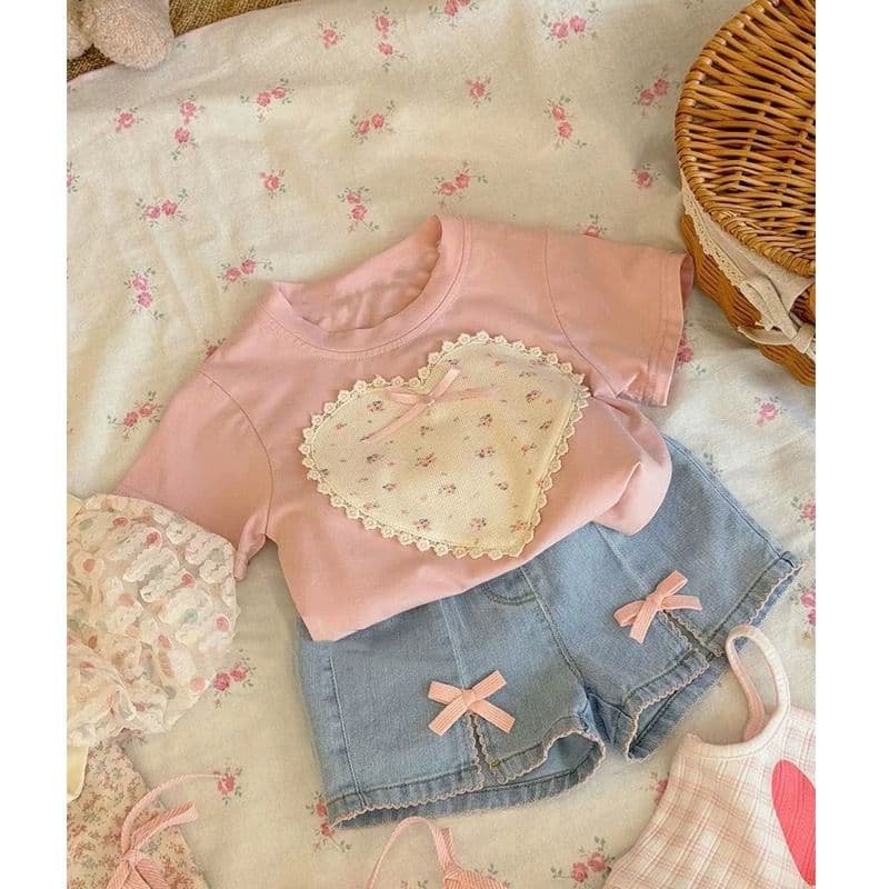 Girls Korean Style Pink Denim Shorts Set