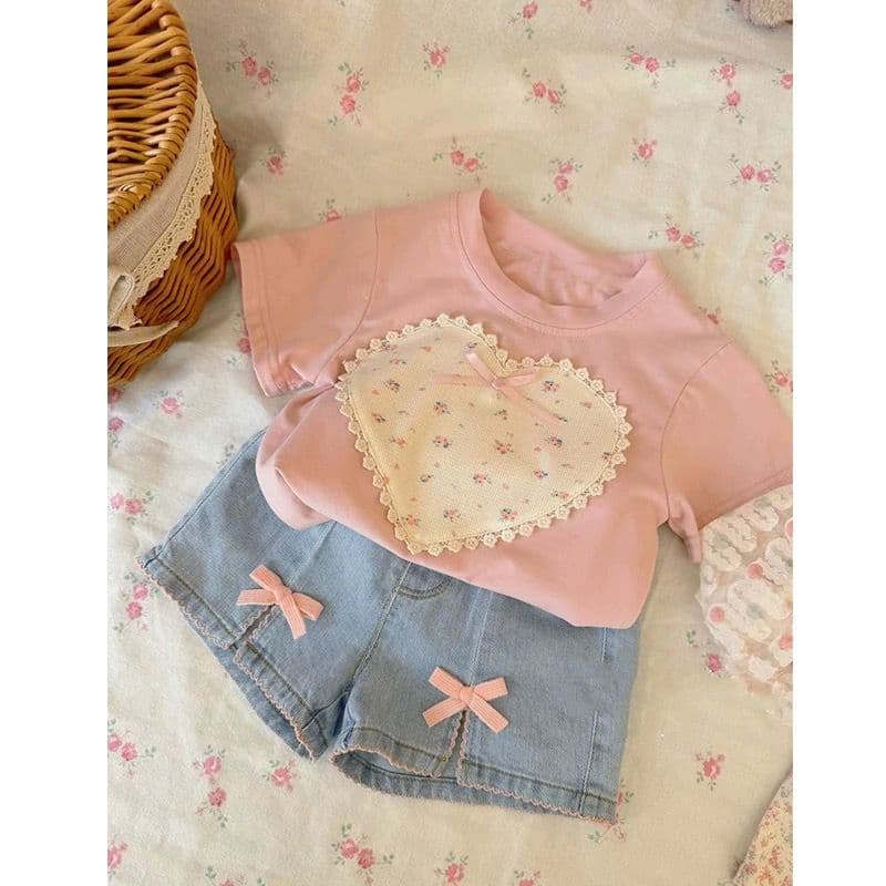 Girls Korean Style Pink Denim Shorts Set