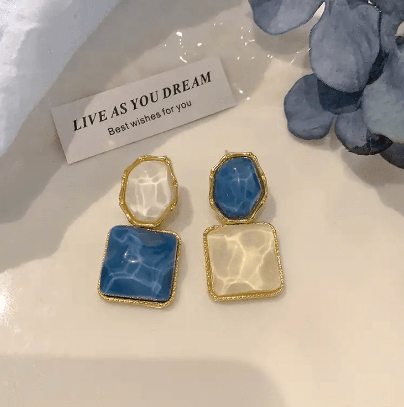 Asymmetric blue advanced exaggerated unique design earrings for women