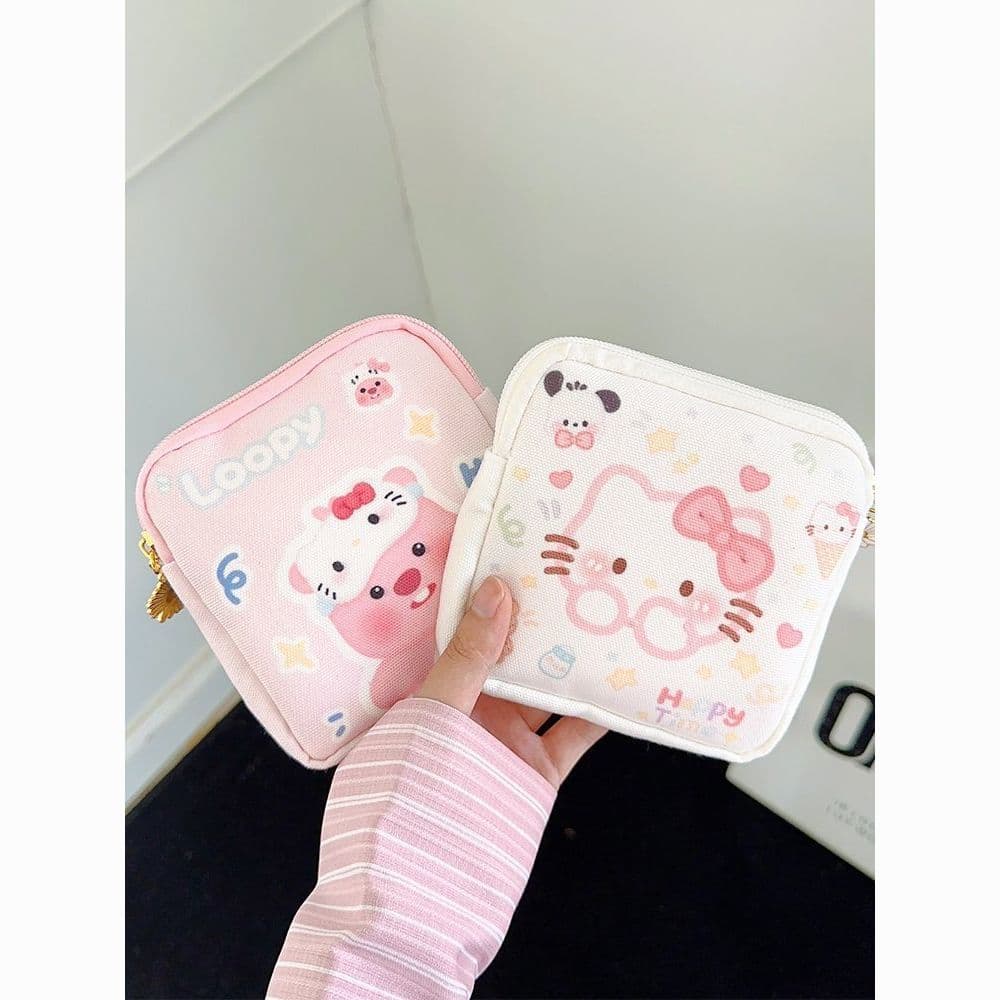 Cartoon Sanitary Pad Pouch - Large Capacity, Portable Menstrual Pad Storage Bag, Cute Girl’s Canvas Bag with Oil Painting KT Design