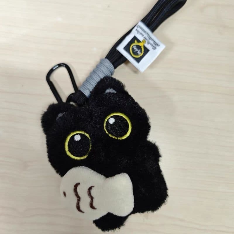Cute Black Cat Plush Keychain – Big Eyes, Fish Hugging Cat Bag Charm, Creative Couple Keyring