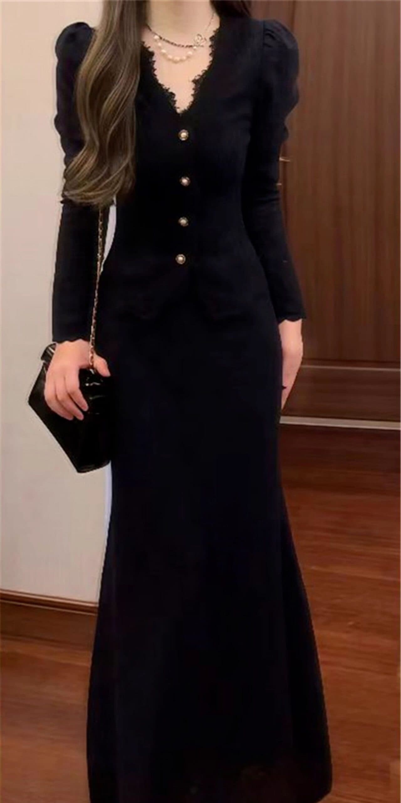 French Black Knit Dress Set for Women – Elegant Outfit for Petite Fit