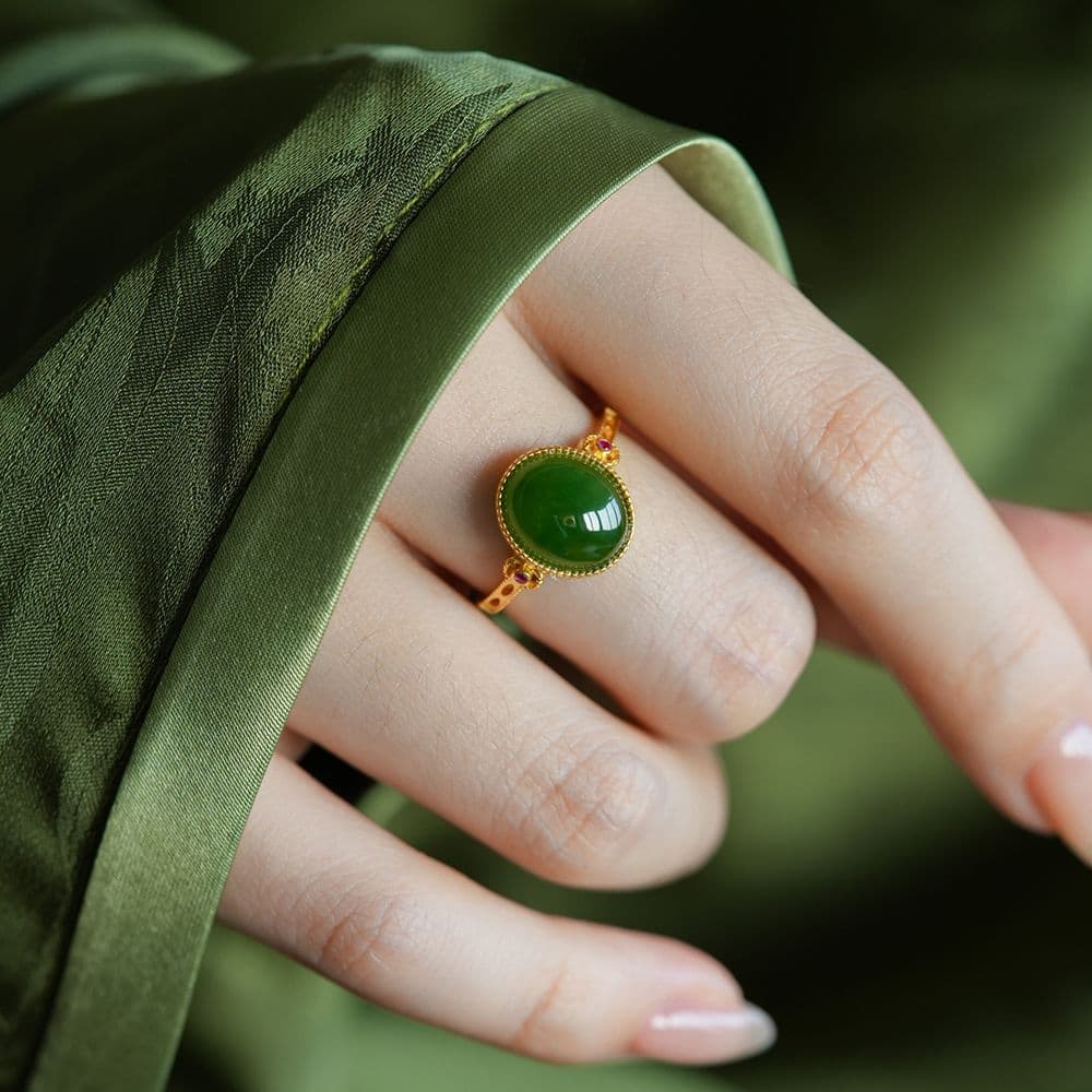 Natural Hetian Jade Green Cabochon Ring – Elegant Jade Ring