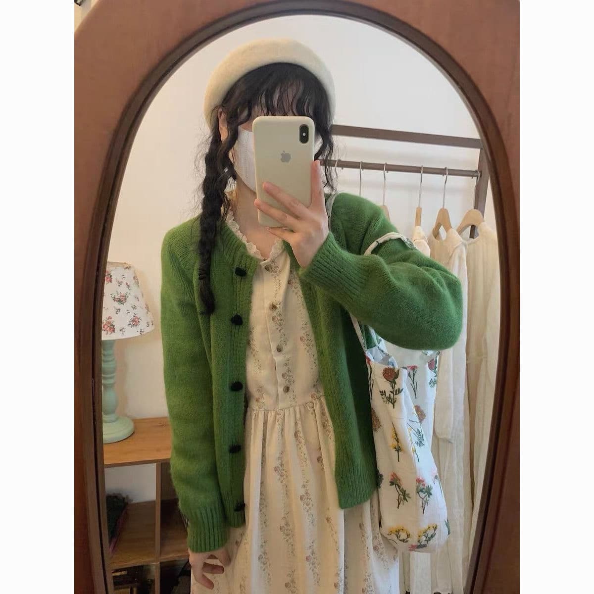 Corduroy Floral Lace Midi Dress - Sweet Long-Sleeve Loose Fit Dress