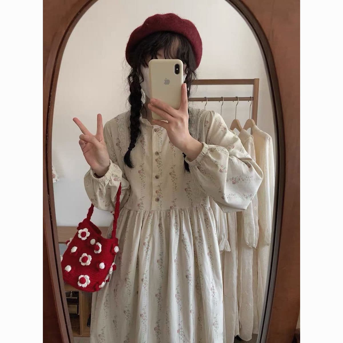 Corduroy Floral Lace Midi Dress - Sweet Long-Sleeve Loose Fit Dress