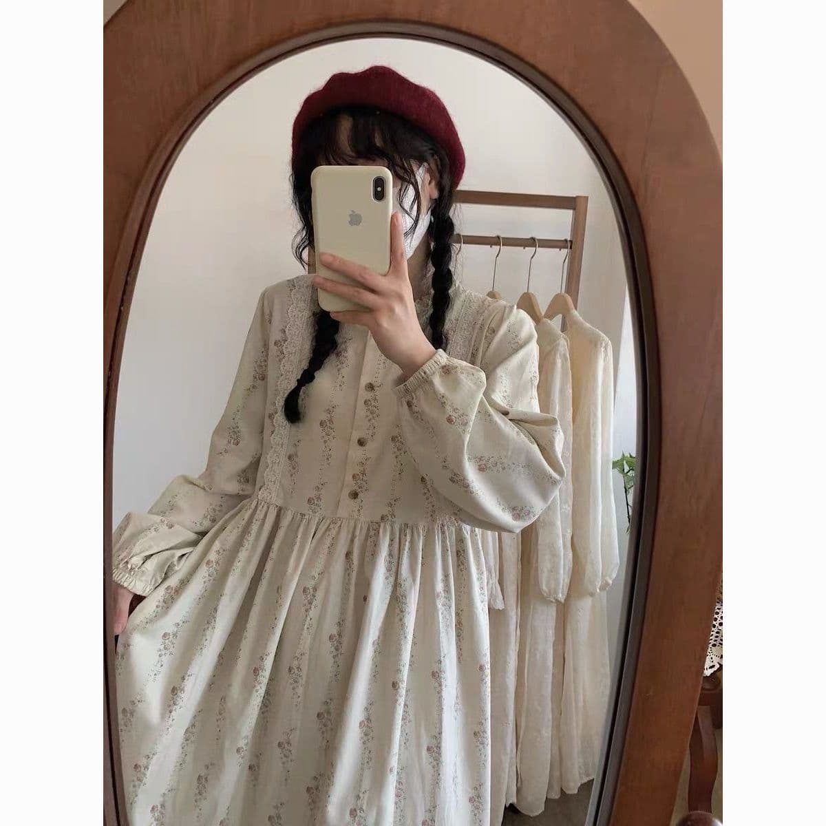 Corduroy Floral Lace Midi Dress - Sweet Long-Sleeve Loose Fit Dress
