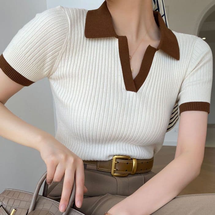 Korean Contrast Color Polo Collar Knit T-Shirt – Slim Fit Retro Short Sleeve Top for Women