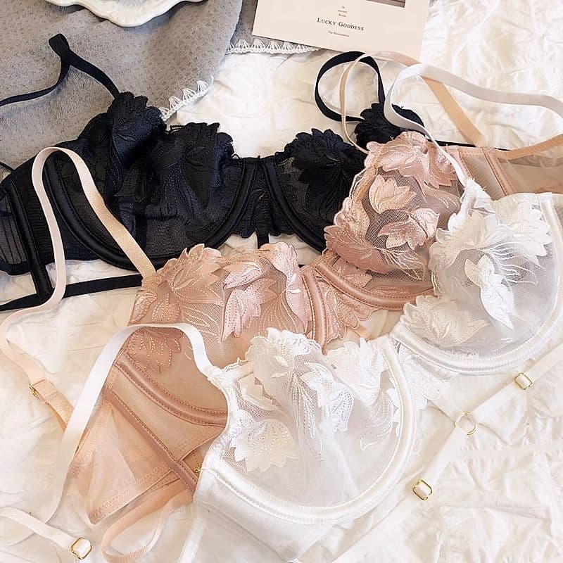 French Embroidered Mesh Lace-Up Ultra-Thin Push-Up Bra Set – Large Bust Minimizing, Soft Underwire