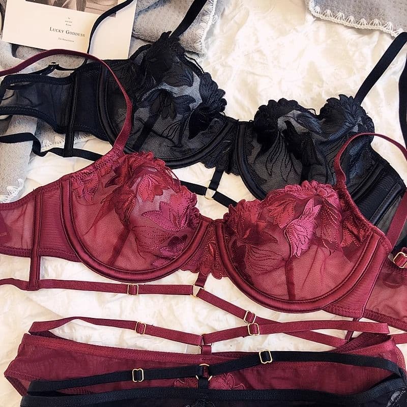 French Embroidered Mesh Lace-Up Ultra-Thin Push-Up Bra Set – Large Bust Minimizing, Soft Underwire