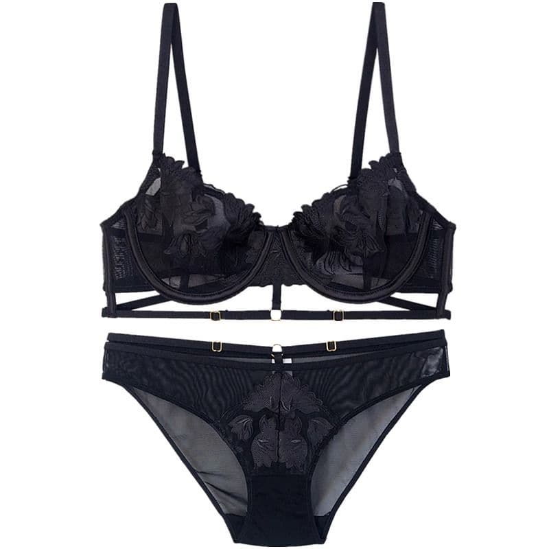 French Embroidered Mesh Lace-Up Ultra-Thin Push-Up Bra Set – Large Bust Minimizing, Soft Underwire