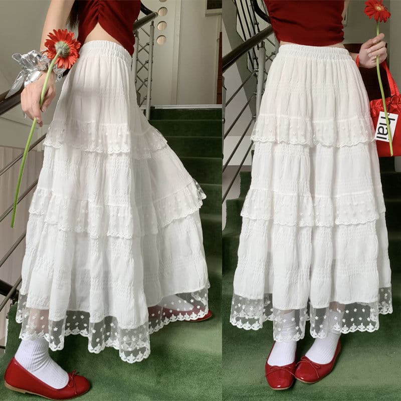 White Lace Tiered A-Line Skirt – High-Waisted French Style Midi Skirt for Women