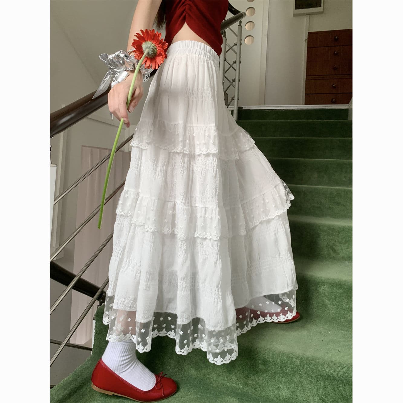 White Lace Tiered A-Line Skirt – High-Waisted French Style Midi Skirt for Women
