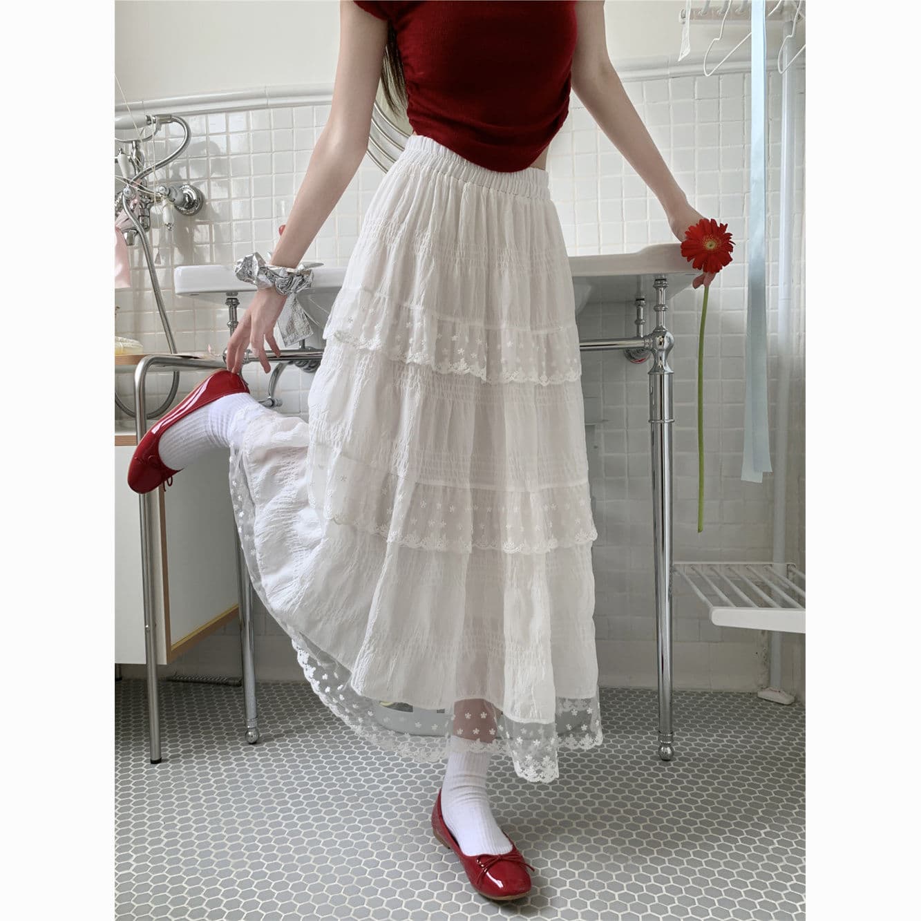 White Lace Tiered A-Line Skirt – High-Waisted French Style Midi Skirt for Women