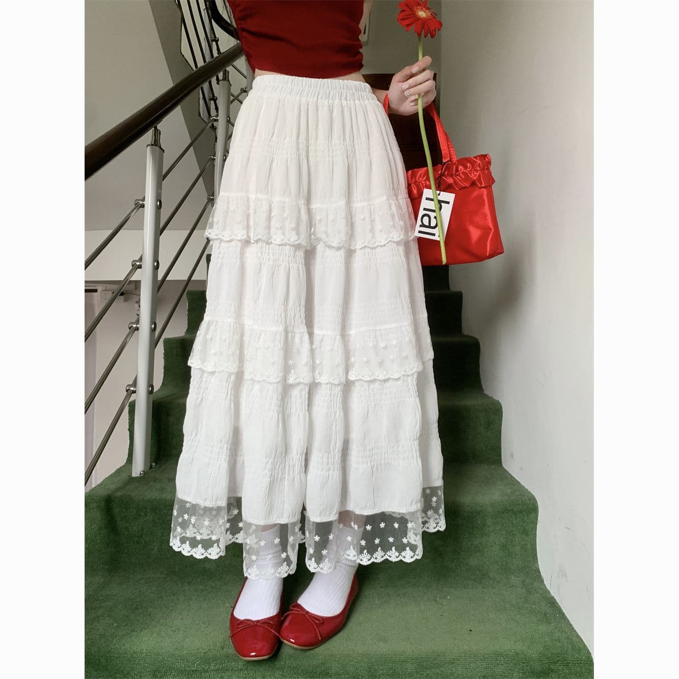 White Lace Tiered A-Line Skirt – High-Waisted French Style Midi Skirt for Women