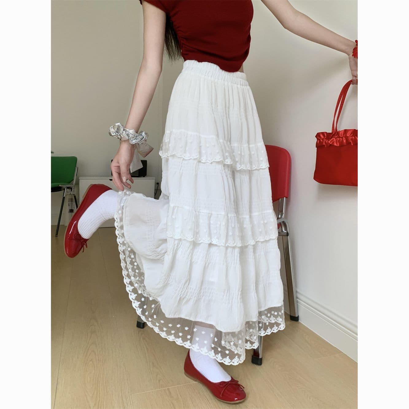 White Lace Tiered A-Line Skirt – High-Waisted French Style Midi Skirt for Women