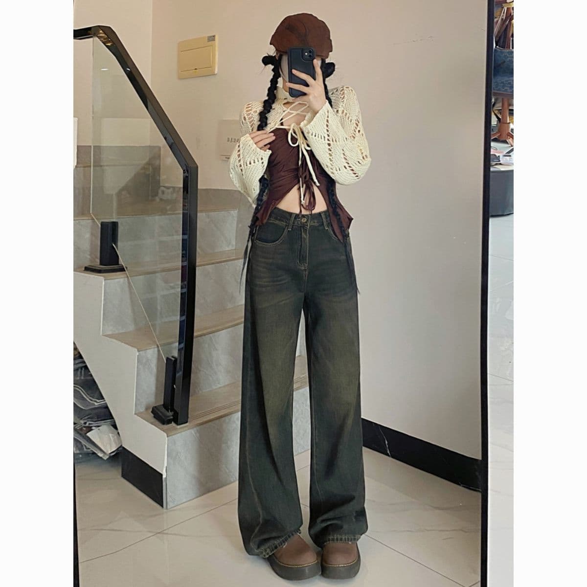 Vintage High-Waist Cement Gray Wide-Leg Floor-Length Jeans