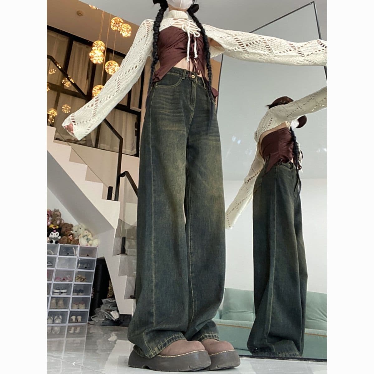 Vintage High-Waist Cement Gray Wide-Leg Floor-Length Jeans