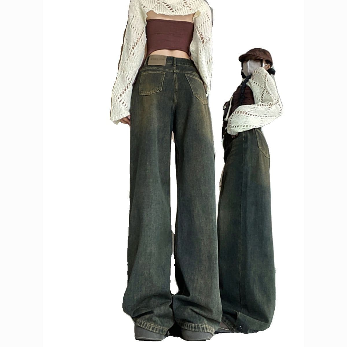 Vintage High-Waist Cement Gray Wide-Leg Floor-Length Jeans