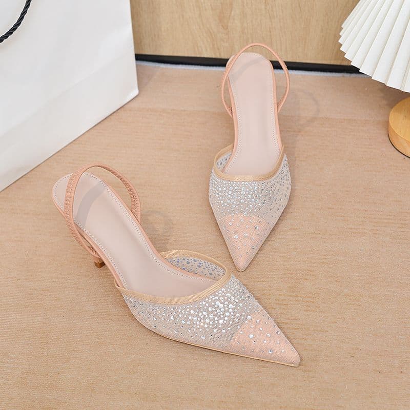 Elegant Rhinestone Pointed Toe Slingback Heels