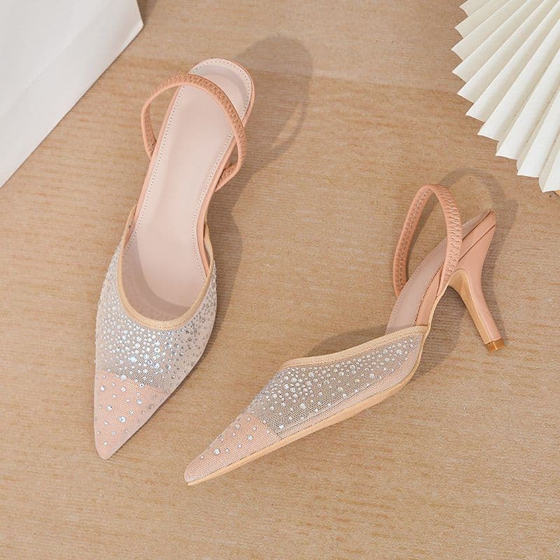 Elegant Rhinestone Pointed Toe Slingback Heels