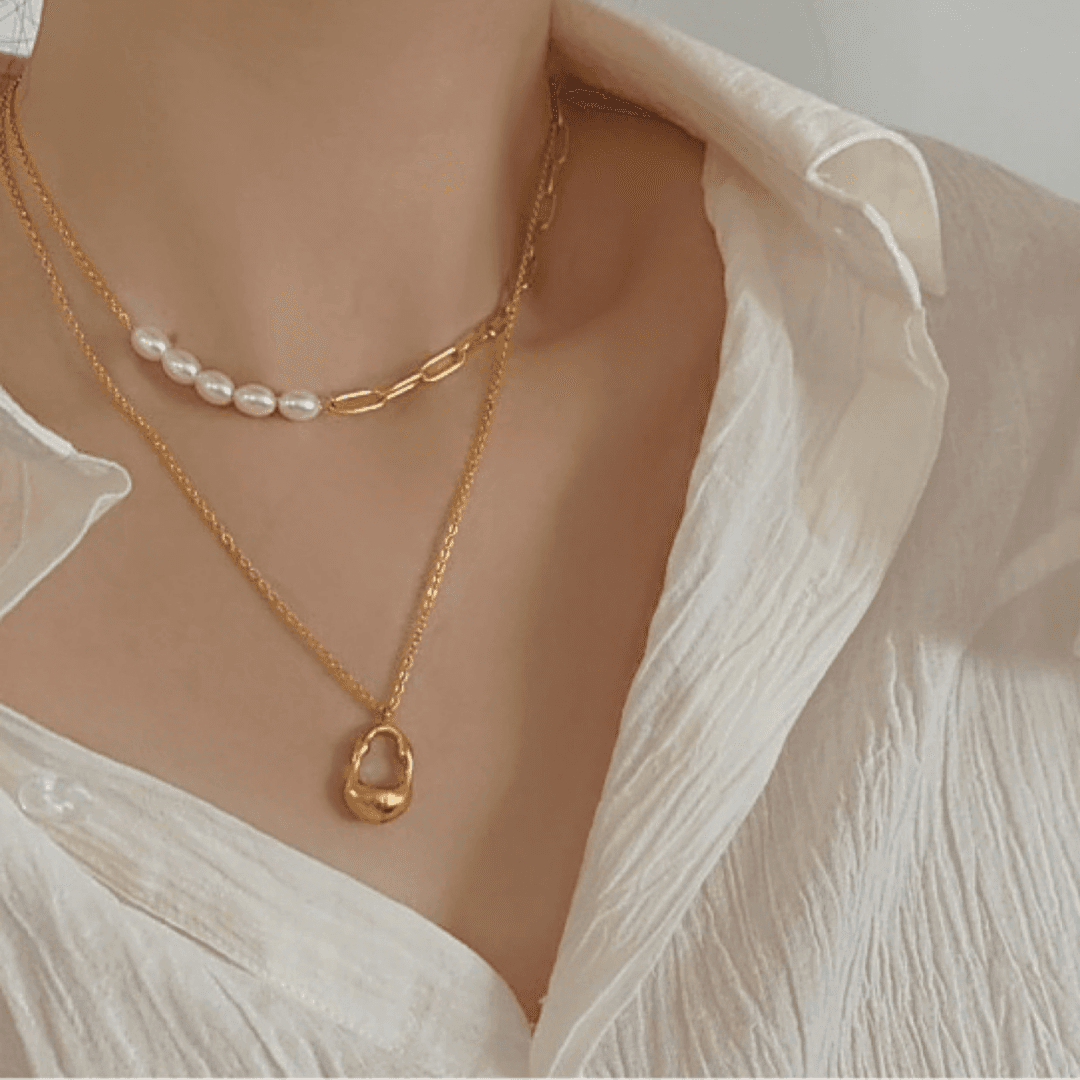 Minimalist Pearl & Plaid Teardrop Pendant Necklace Set