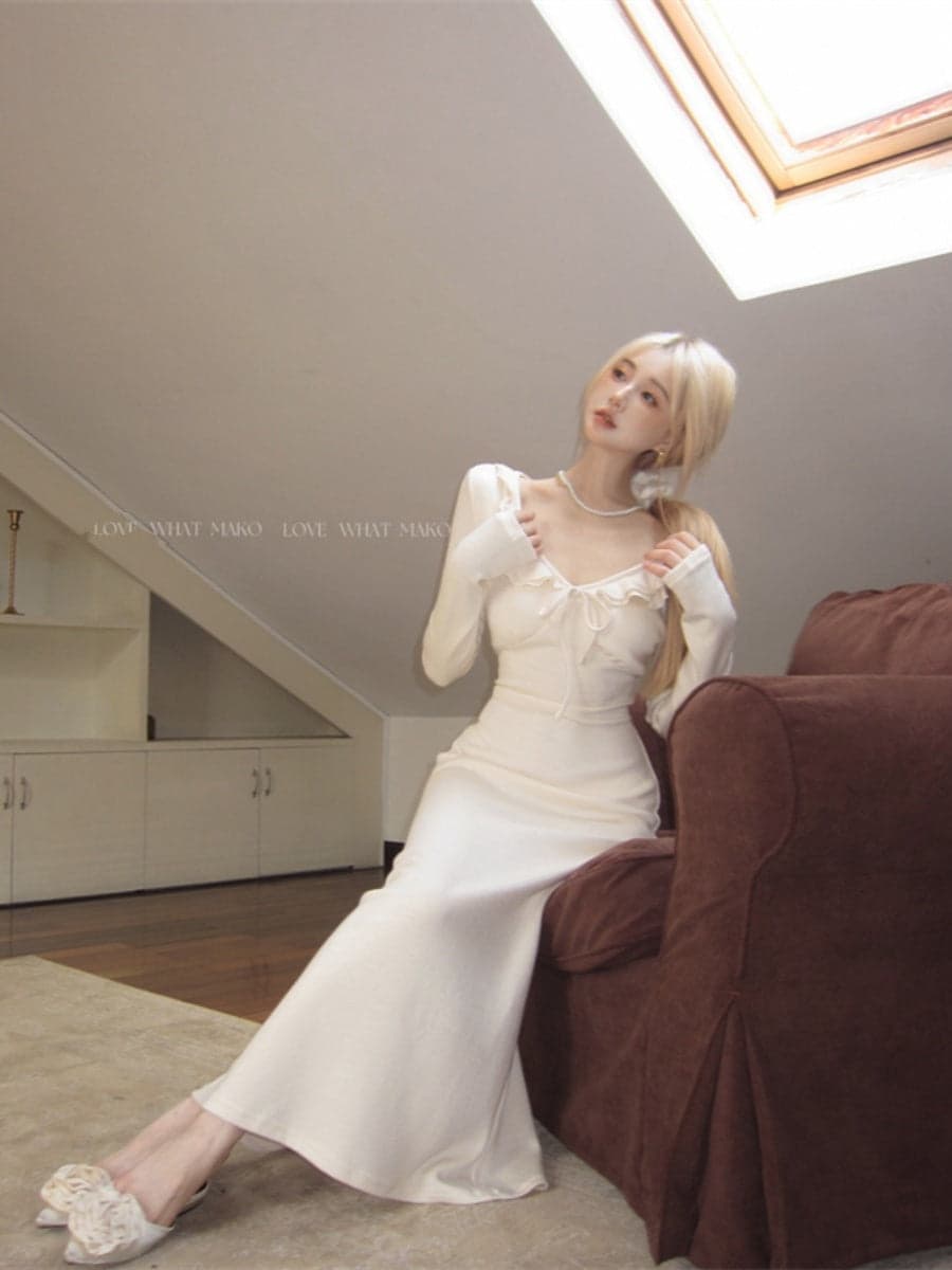 New Ruffled French Style Dress: High-End Coat with Bottoming Long Skirt for Women