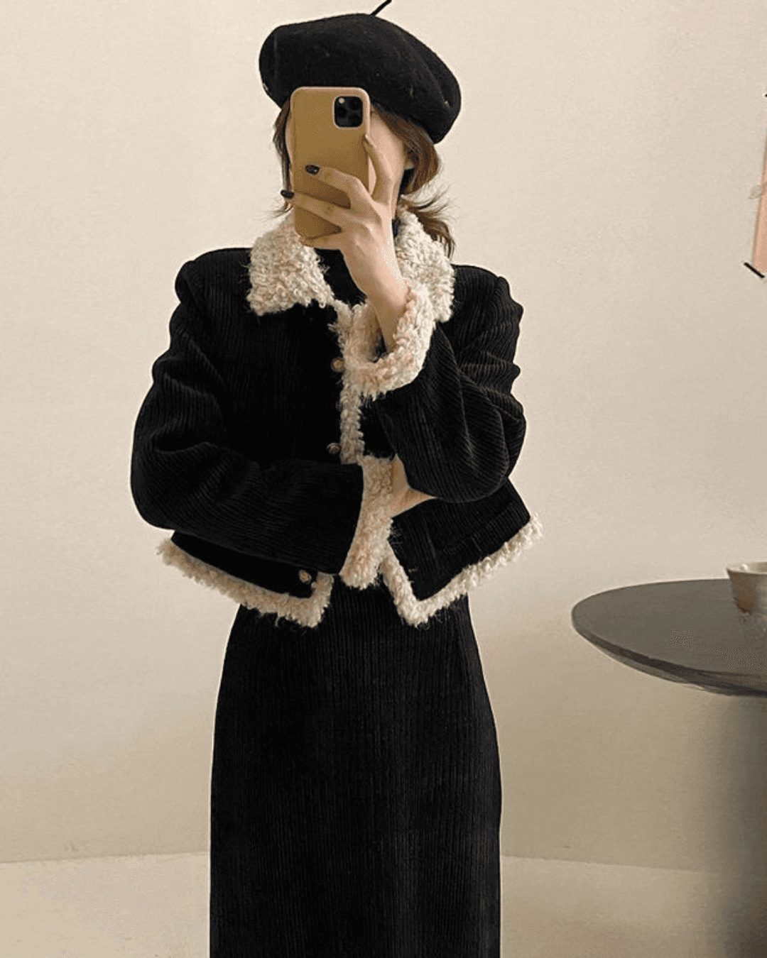 Fleece Lined Tweed Style Two Piece Outfit Slimming Jacket and Skirt Set