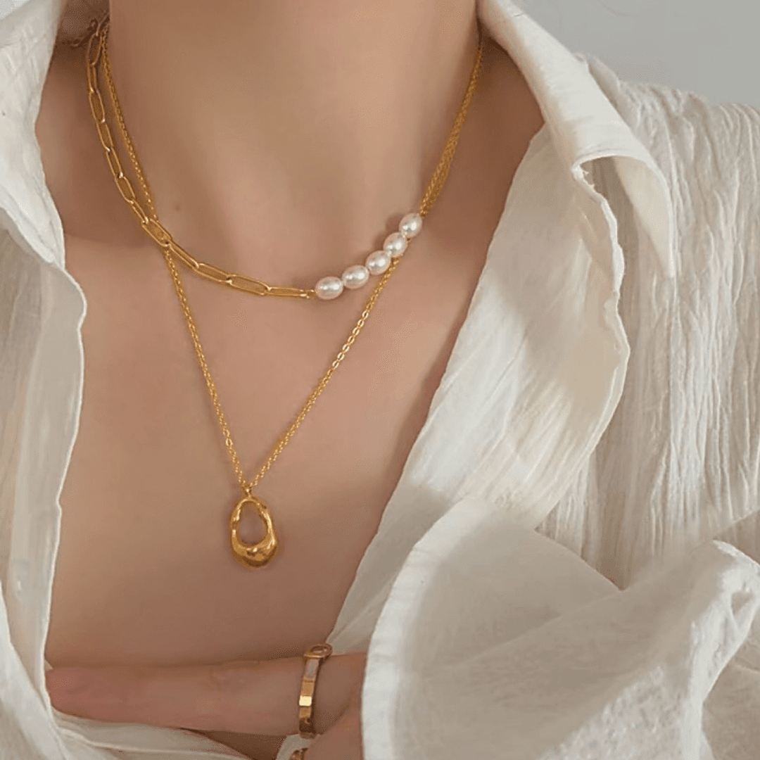 Minimalist Pearl & Plaid Teardrop Pendant Necklace Set
