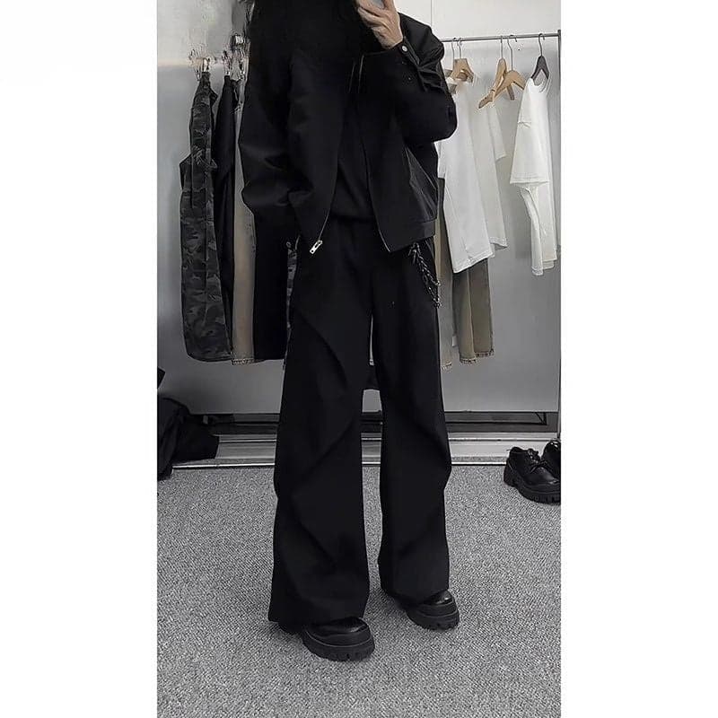 Unisex Black Wide-Leg Trousers – Loose Fit Cleanfit Flared Floor-Length Pants