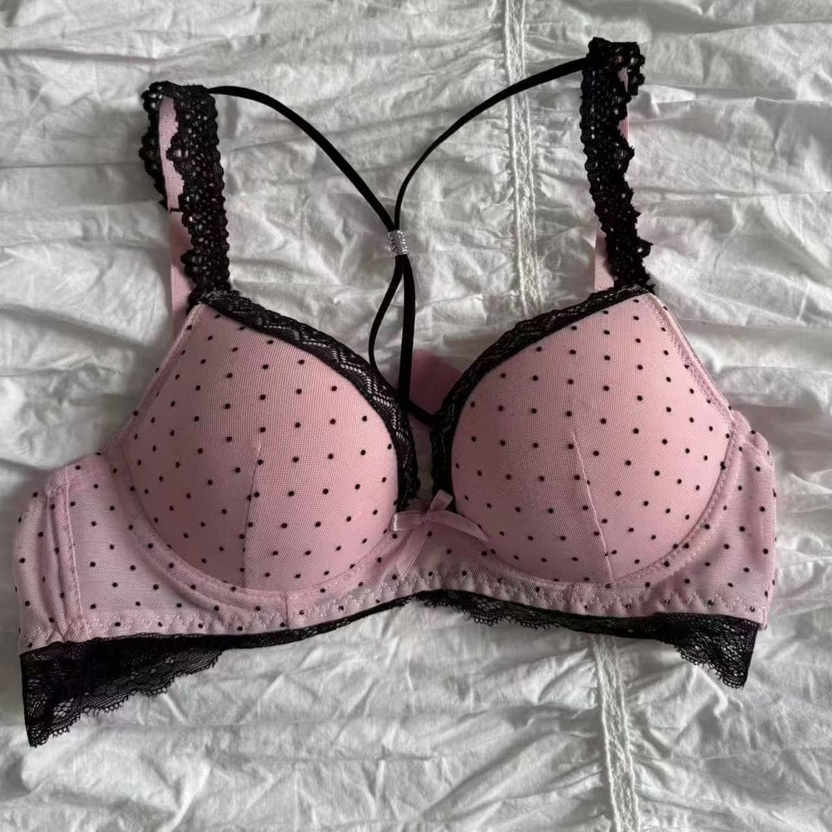 Polka Dot Lace Bow Lingerie Set Push-Up Bra in Pink and Black