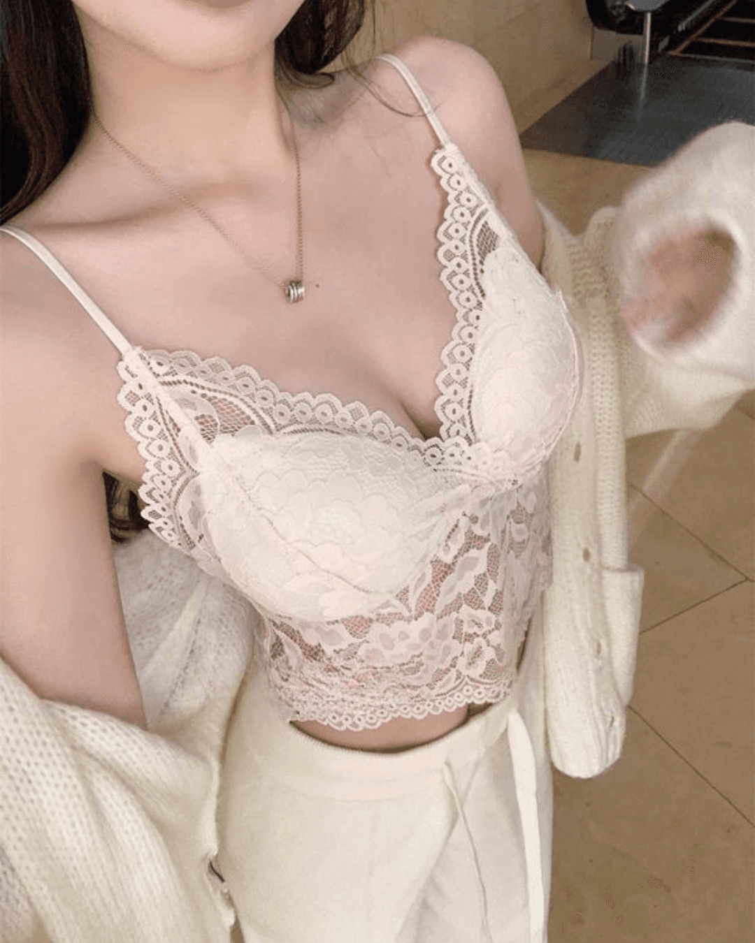 French Lace Padded Camisole Crop Top for Women