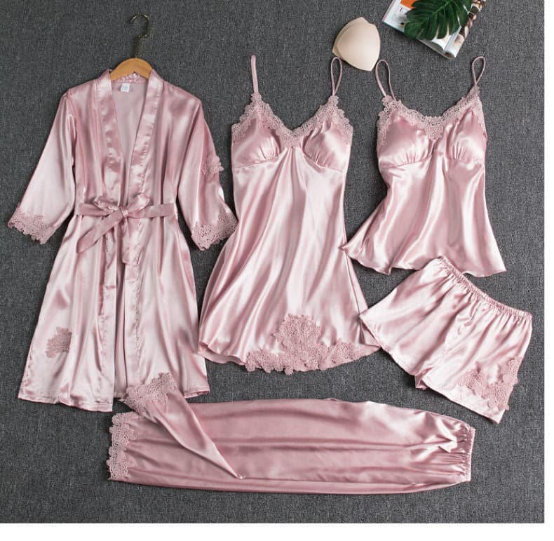 Silk 5-Piece Women's Sleepwear Set with Chest Pads – Camisole Dress, Robe & Loungewear