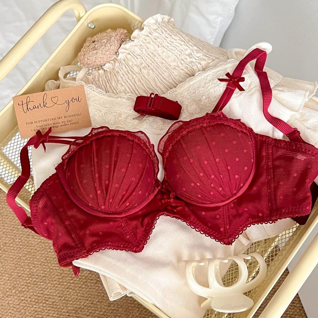 Lucky Red Lace Push-Up Bridal Lingerie Set – Small Bust Support Bra and Panty
