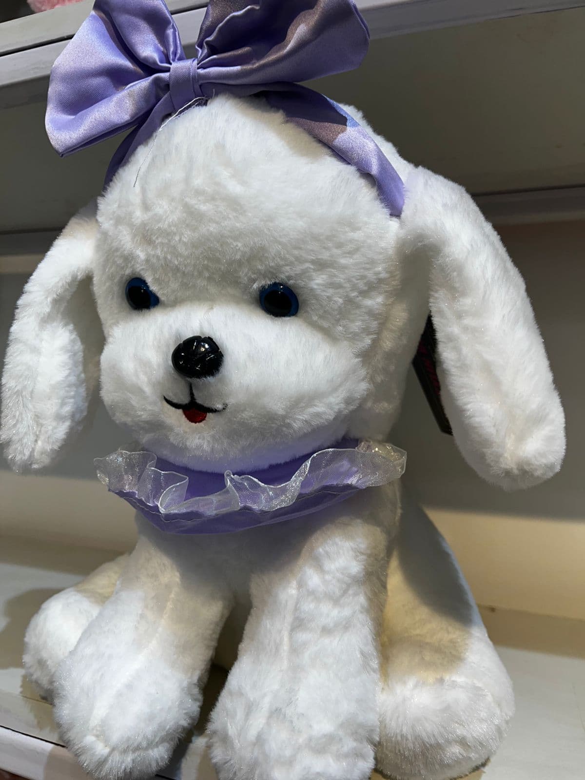 Adorable White Maltese Puppy Plush Toy – Soft Huggable Dog Stuffed Animal with Purple Bow