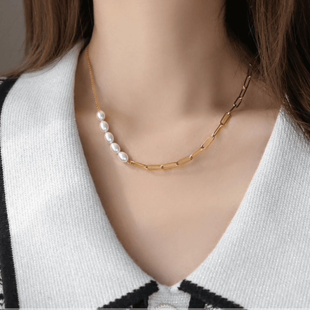 Minimalist Pearl & Plaid Teardrop Pendant Necklace Set