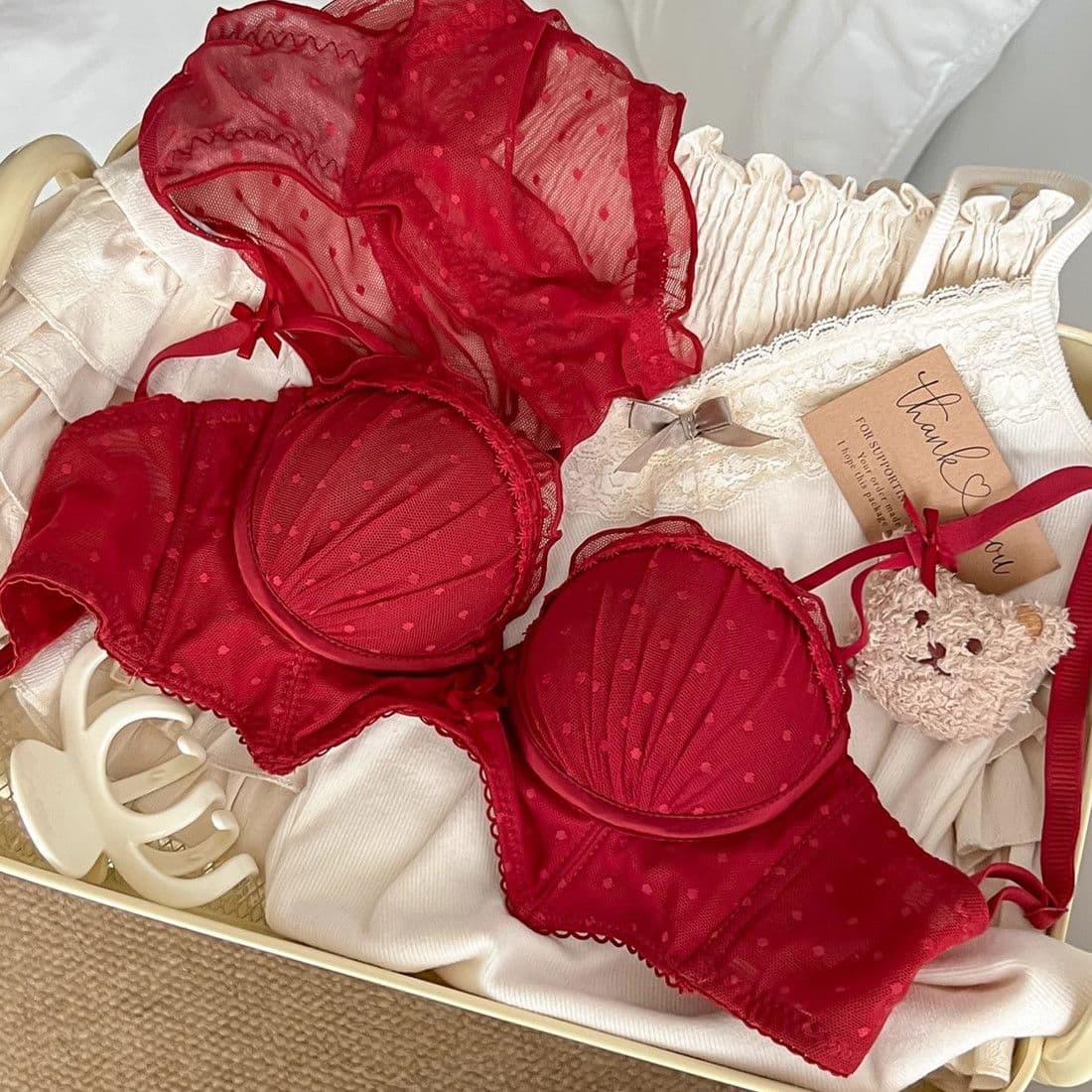 Lucky Red Lace Push-Up Bridal Lingerie Set – Small Bust Support Bra and Panty