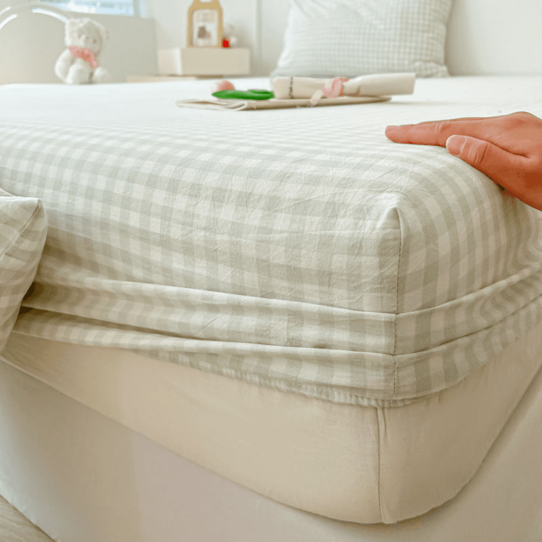Washed Cotton Fitted Sheet – Simple Checkered & Solid Color Mattress Protector, Full Wrap Bed Sheet 3-Piece Set