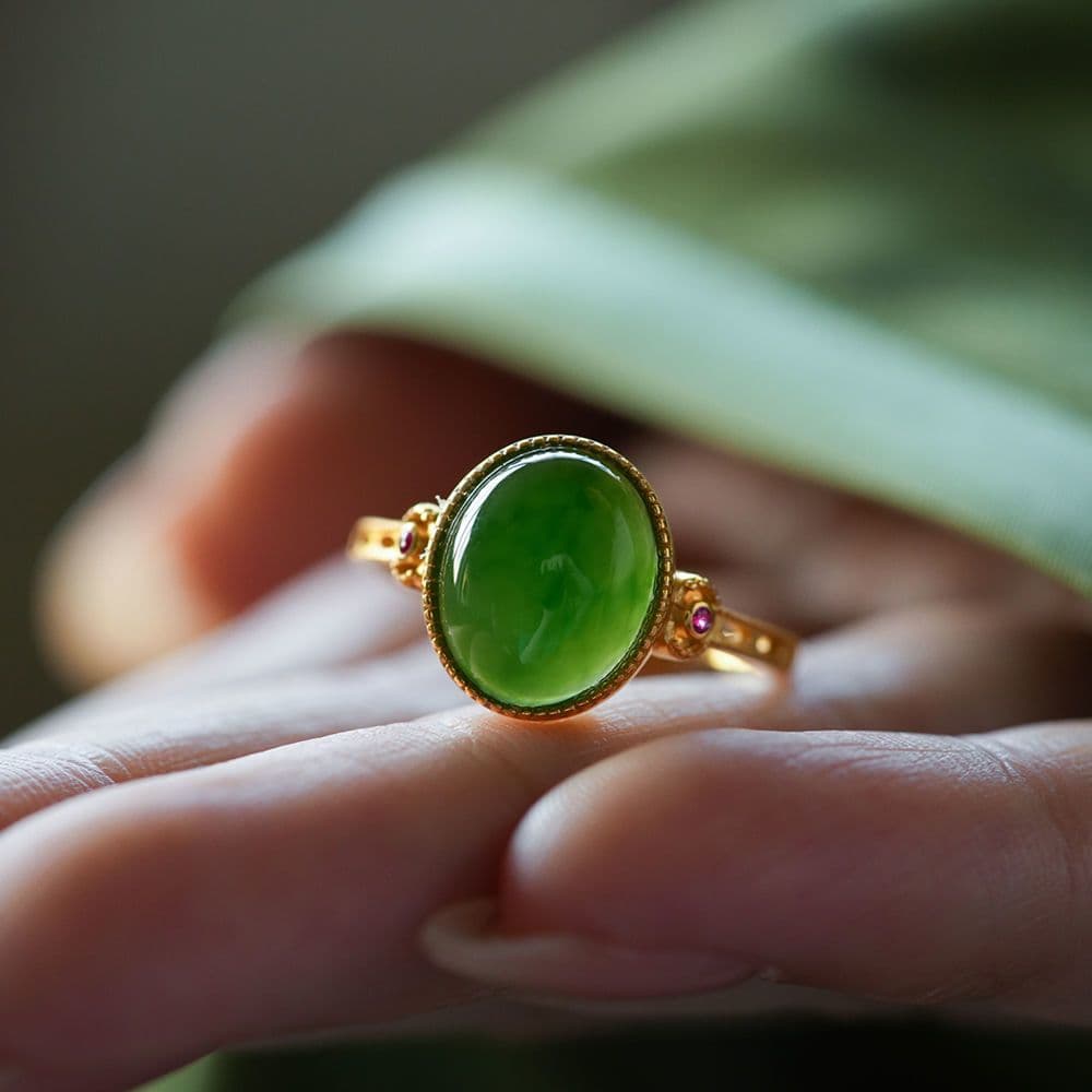 Natural Hetian Jade Green Cabochon Ring – Elegant Jade Ring