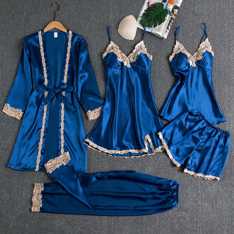 Silk 5-Piece Women's Sleepwear Set with Chest Pads – Camisole Dress, Robe & Loungewear