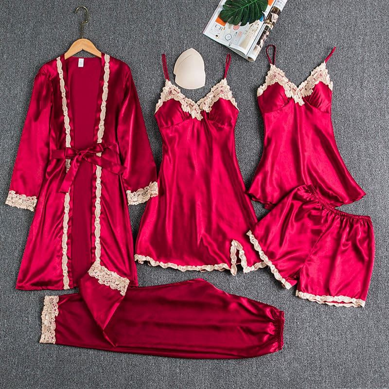 Silk 5-Piece Women's Sleepwear Set with Chest Pads – Camisole Dress, Robe & Loungewear