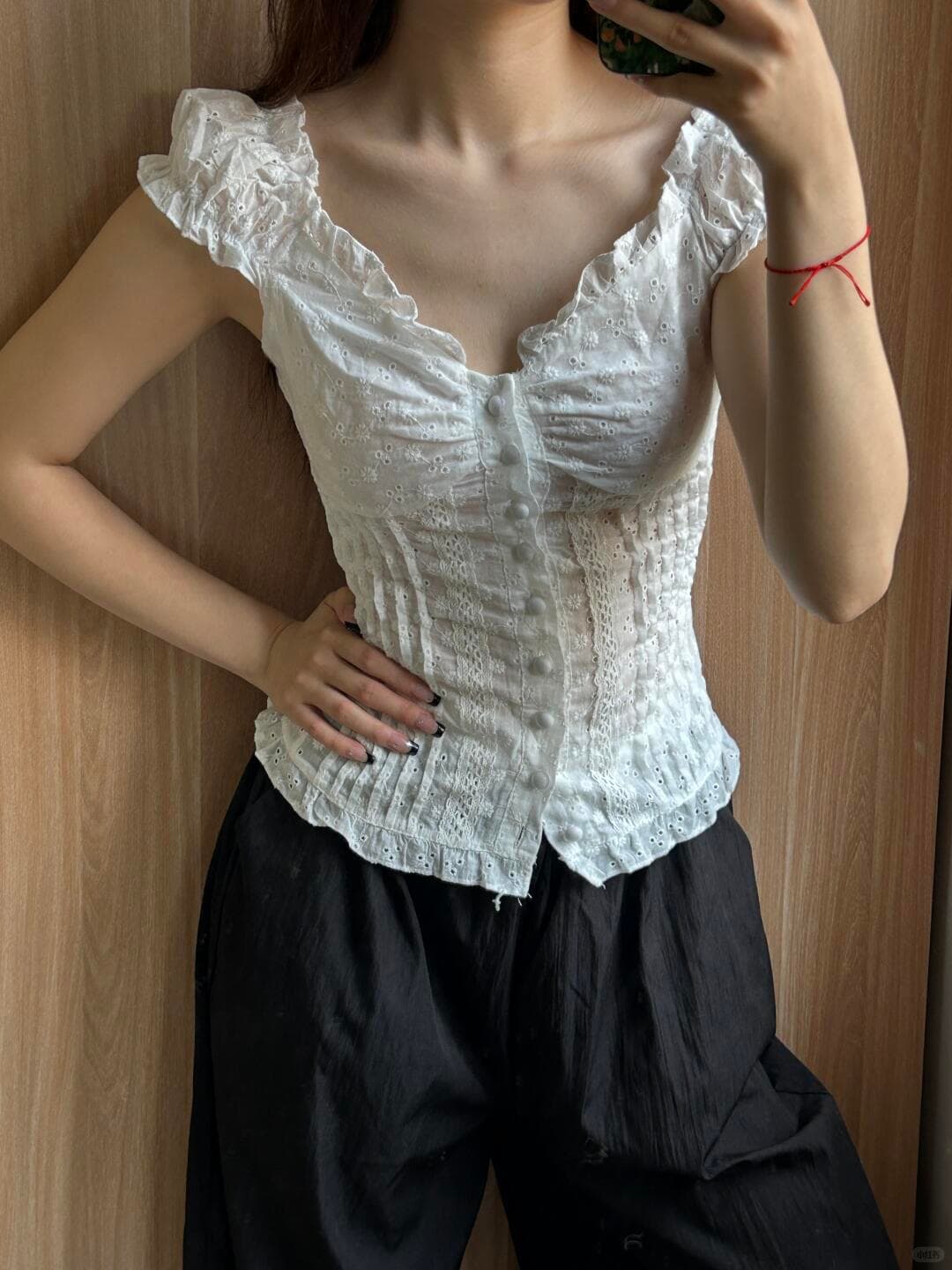 French Jacquard Puff Sleeve Top – Palace Style Ballet Girl Lace Button Blouse