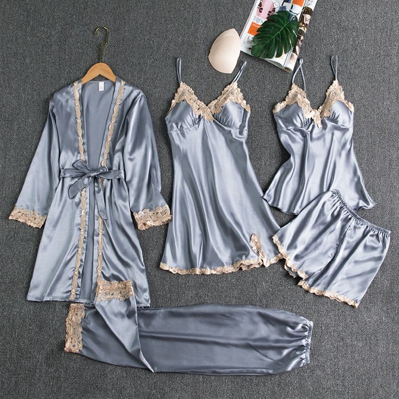 Silk 5-Piece Women's Sleepwear Set with Chest Pads – Camisole Dress, Robe & Loungewear