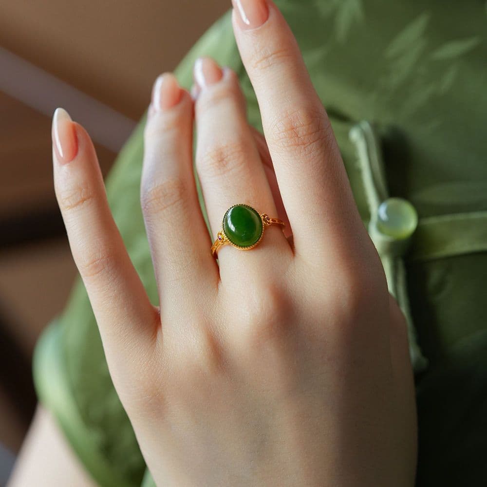 Natural Hetian Jade Green Cabochon Ring – Elegant Jade Ring