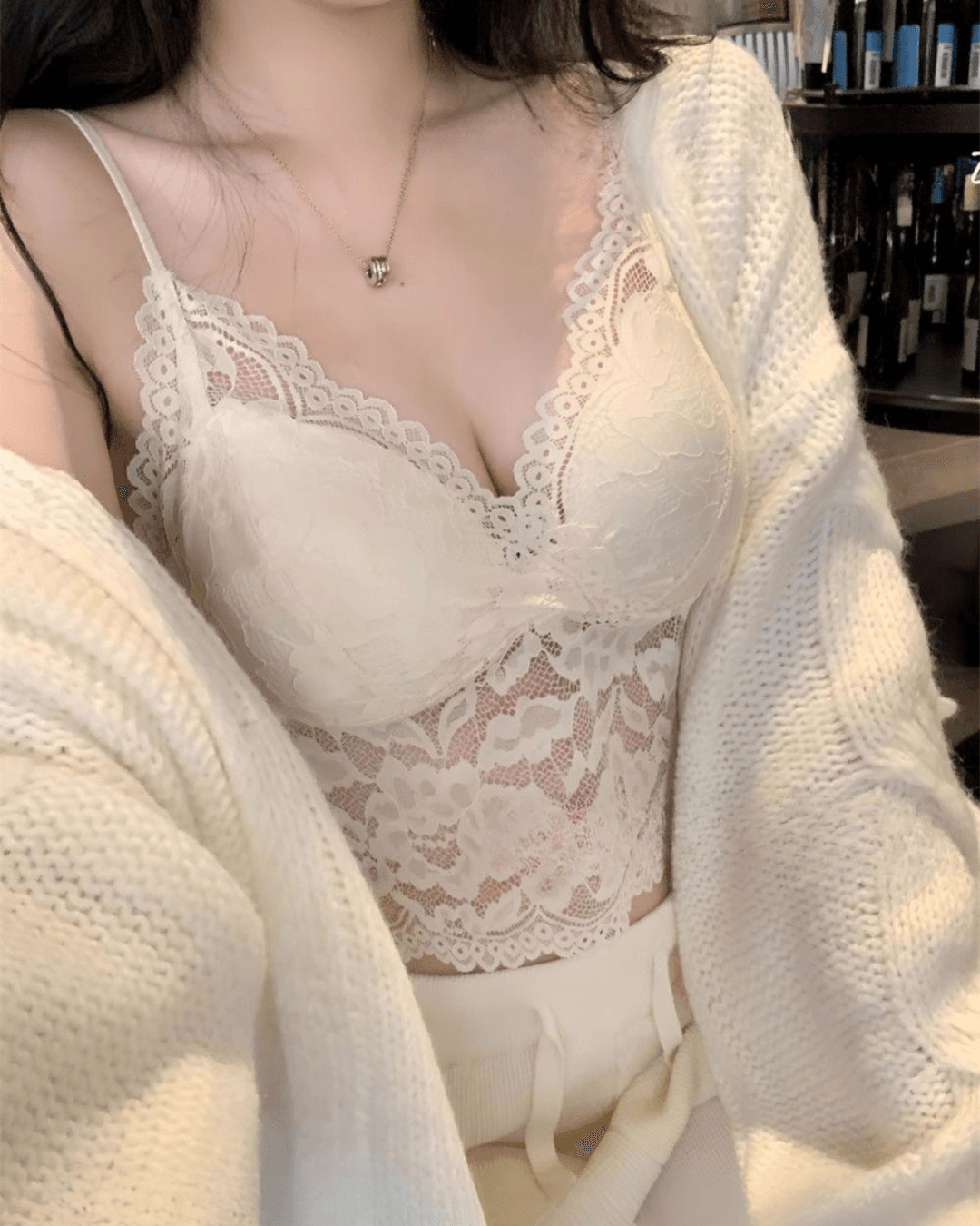 French Lace Padded Camisole Crop Top for Women