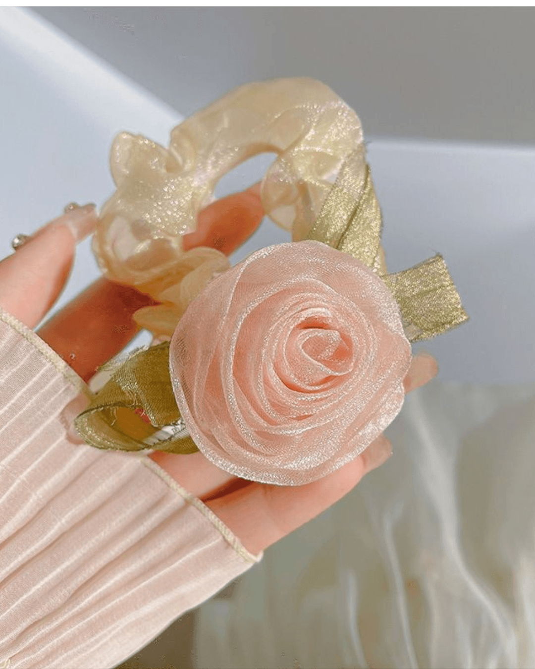 Rose Camellia Floral Scrunchie Hair Tie Elastic Hair Band